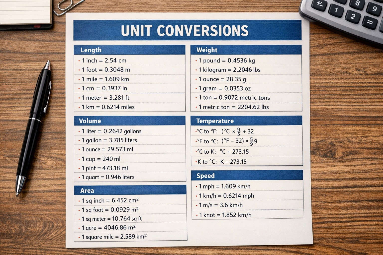 unit conversion formulas chart